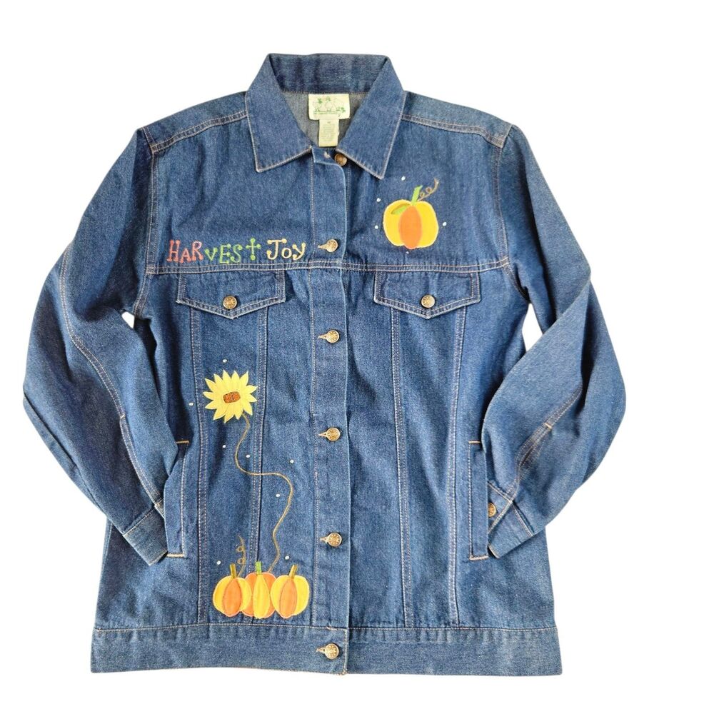 Quacker Factory Blue Denim Jacket Size M Fall Pumpkins Scarecrow Sunflowers - Picture 3 of 12